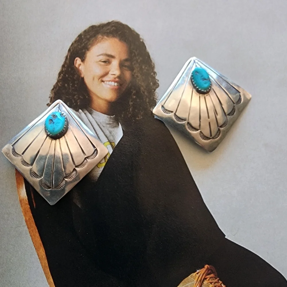Sterling Silver and Turquoise ( Native Made & Signed) Clip On's - Picture 2 of 7